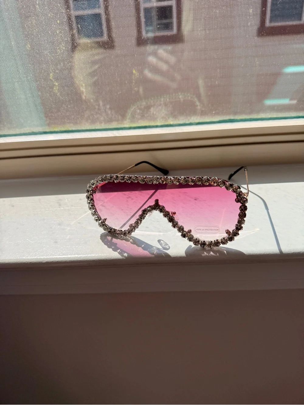 Rhinestone Trim Pink Shield Sunglasses - Women Accessories
